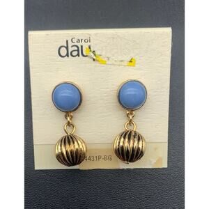 Vintage Dauplaise Gold Tone & Blue Cabochon Dangling Pierced Earrings